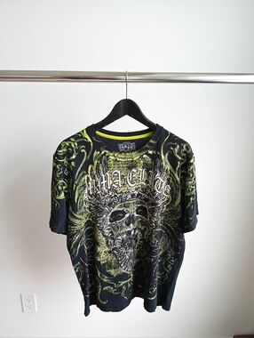 Vtg Y2K MMA Elite Neon Skull Graphic Tee Black Distressed Grunge Goth Size L